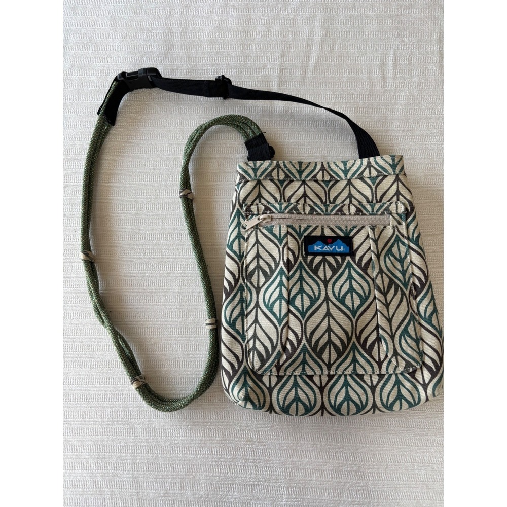 Kavu Crossbody Bag in Cream, Green, Black Leaf Pattern